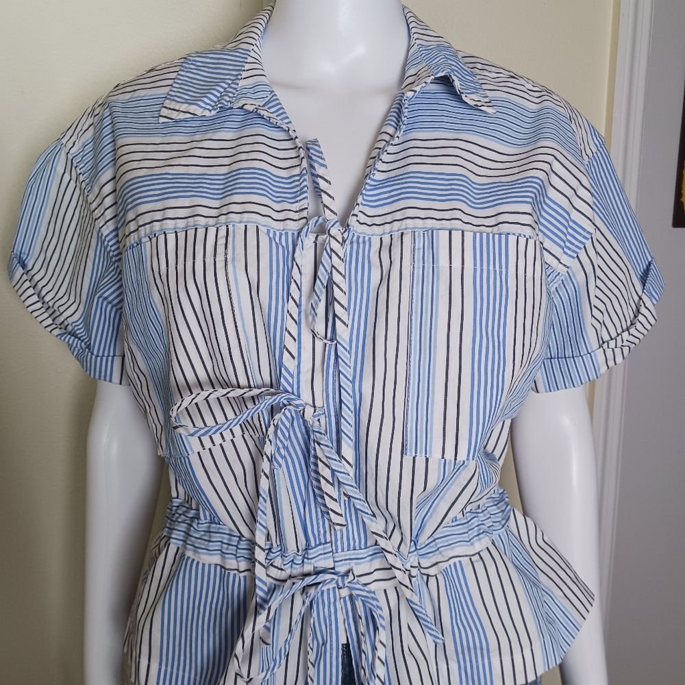Button-Front Striped Tie-Waist Shirt - Blue/White